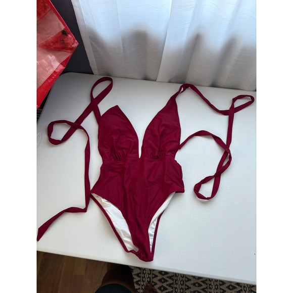 Cupshe Wrap One Piece Swimsuit Plunge Tie Side Burgundy Bathing Suit M - Picture 1 of 5
